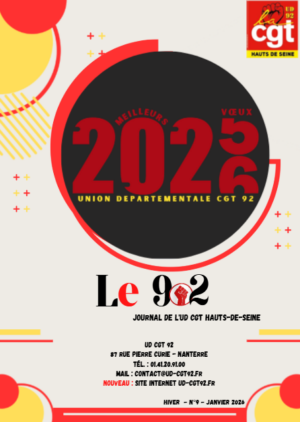 Couverture du journal de l'UD CGT 92, le 9poing2 avec un message de bonne année 2026, les coordonnées de l'UD numéro Hiver n°9 janvier 2026