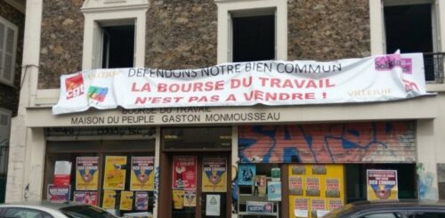 Bourse du travail en danger, facade avec banderole